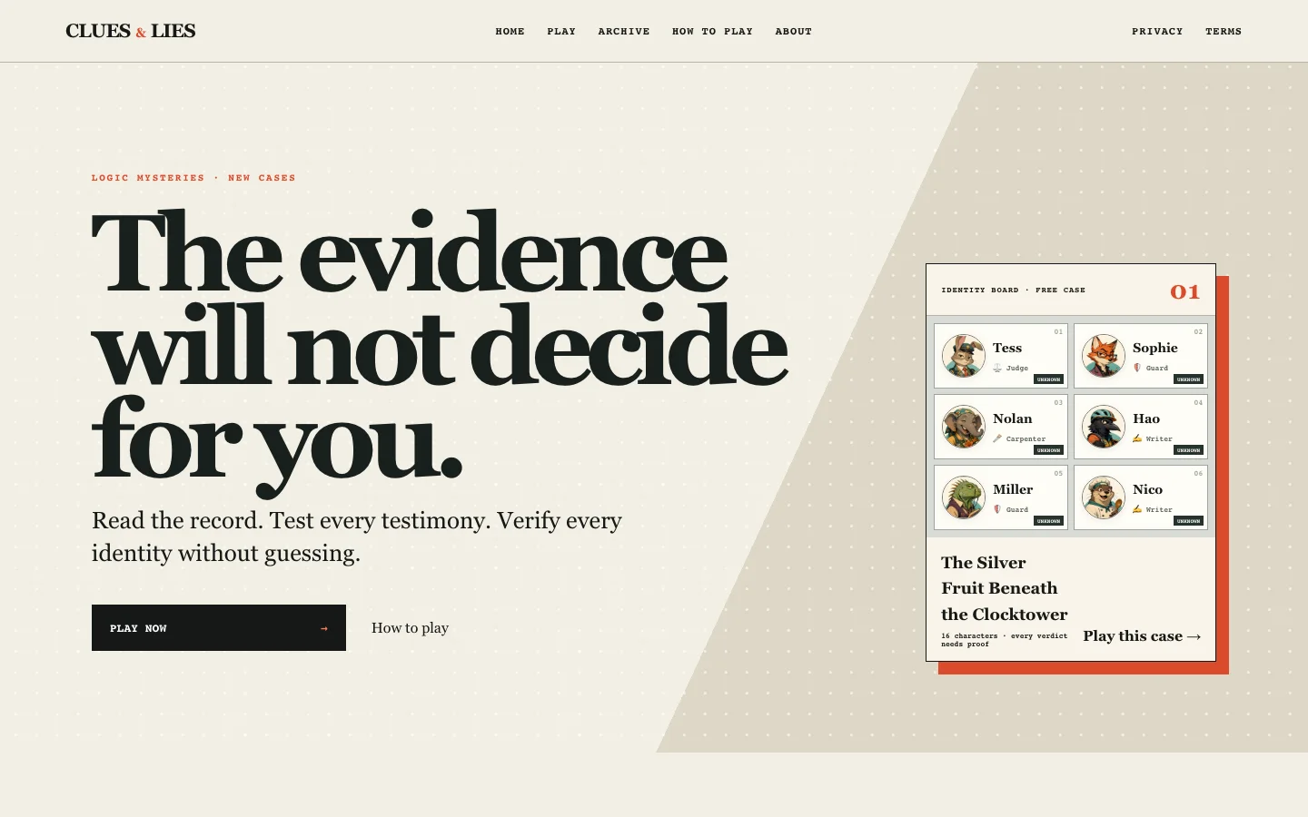 Clues & Lies website screenshot
